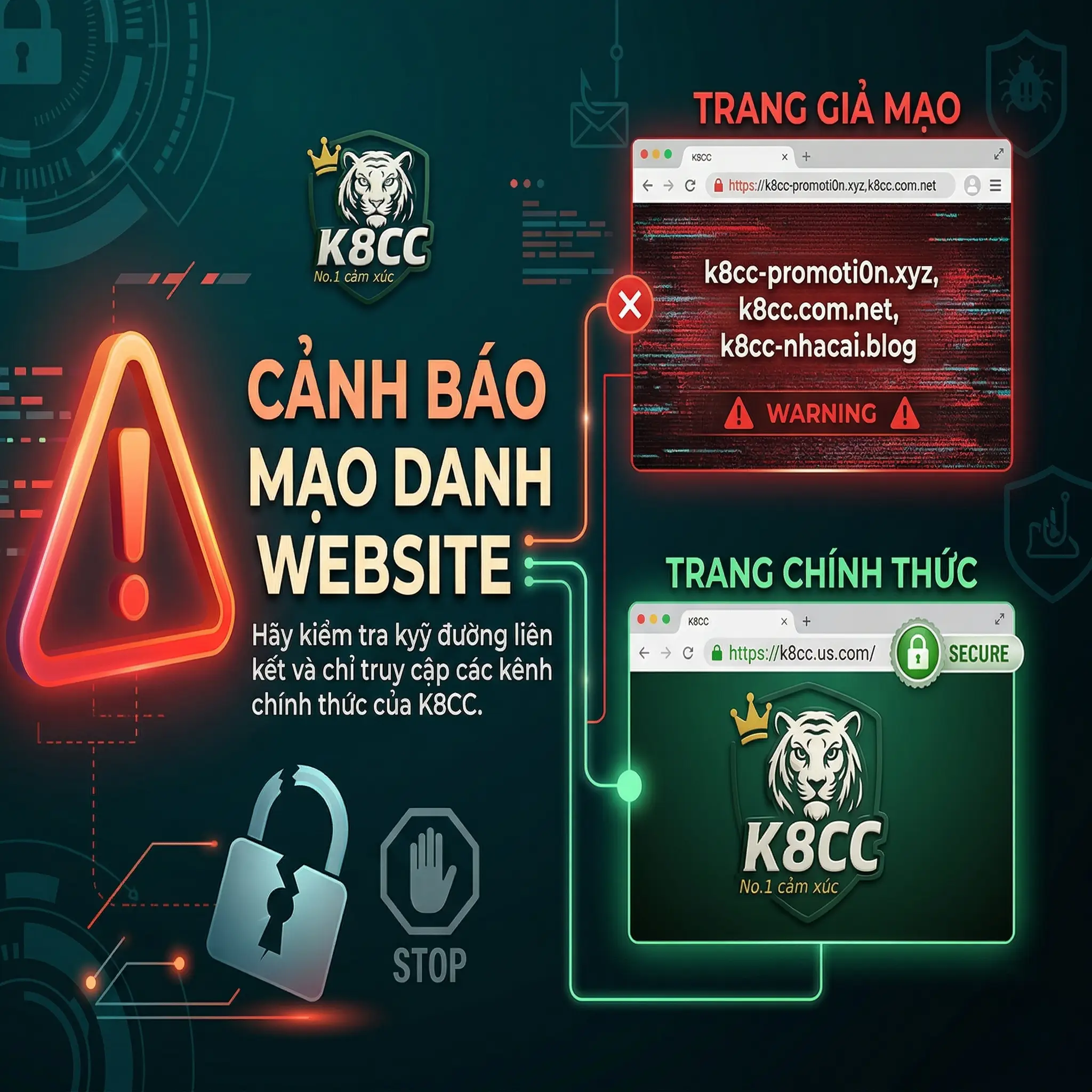 Cảnh báo mạo danh website K8CC - Trang giả mạo vs Trang chính thức